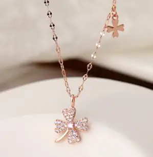 케이존 여성 14k 핑크골드 목걸이 행운 클로버 목걸이 핑크 큐빅