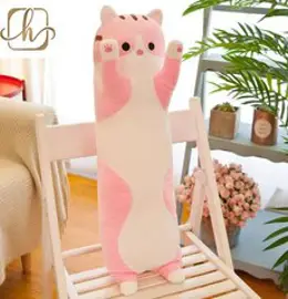 Haengbuk 고양이 바디필로우 인형 귀여운 베개 캐릭터 롱쿠션 생일 선물, 핑크