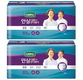 디펜드 남녀공용 안심플러스 요실금 팬티 언더웨어 성인기저귀 중형, 18개입, 2개