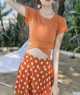 루나글램 오프숄더 모노키니 ML301 호텔 수영복 프릴 반팔 셔링 호캉스 퍼프 치마, ML_303 오렌지