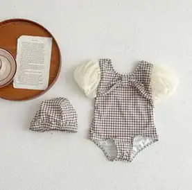 베스더스 유아 여아 아기 백일 돌 베이비 체크 퍼프 수영복 래쉬가드 수영모 세트
